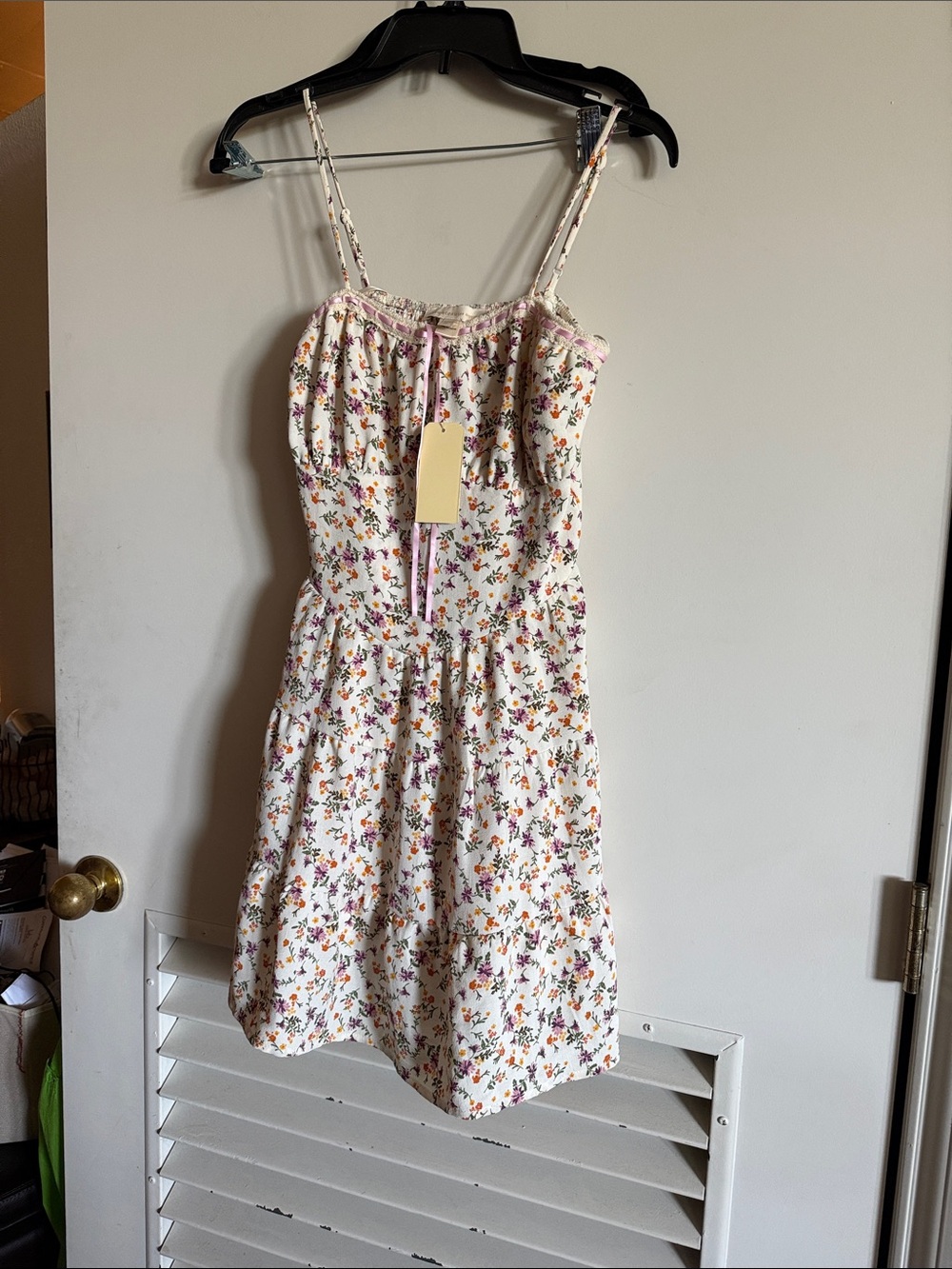 Monteau Cream Floral Spaghetti-Strap Sundress with Pink Trim